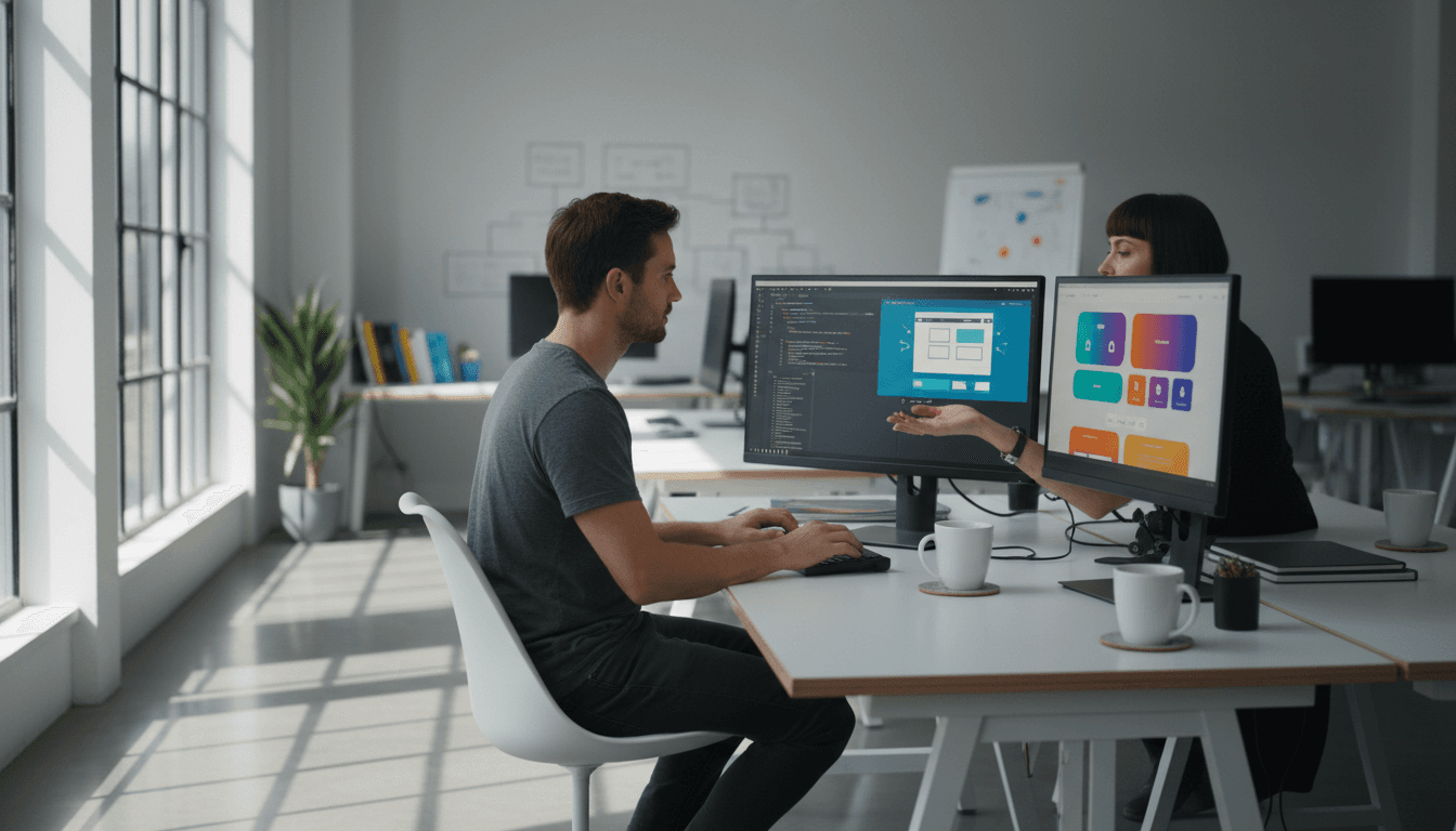 Digital professionals collaborating on web and app development projects at a modern workspace