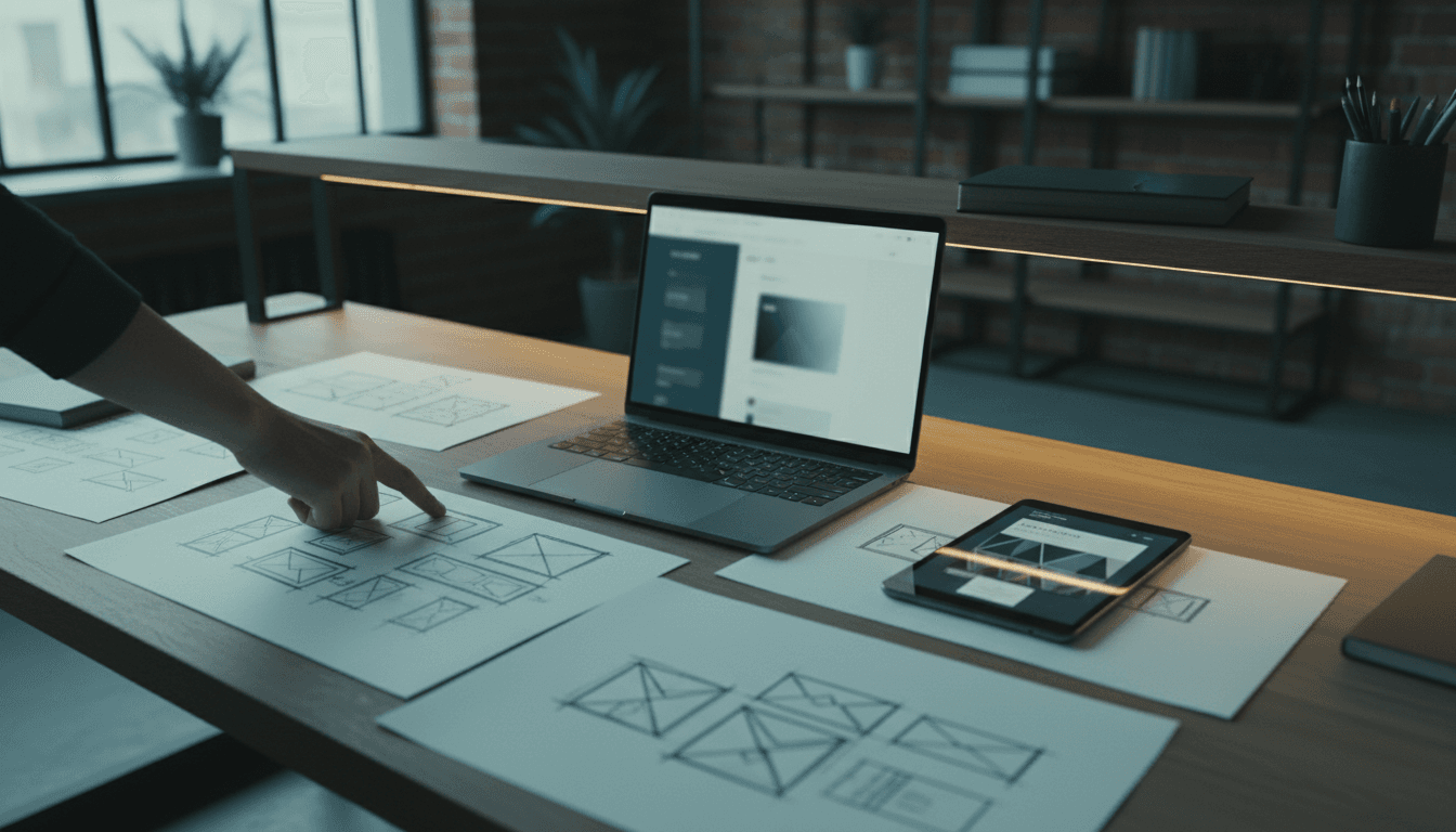 Designer and client collaborating on a digital project at a modern workspace