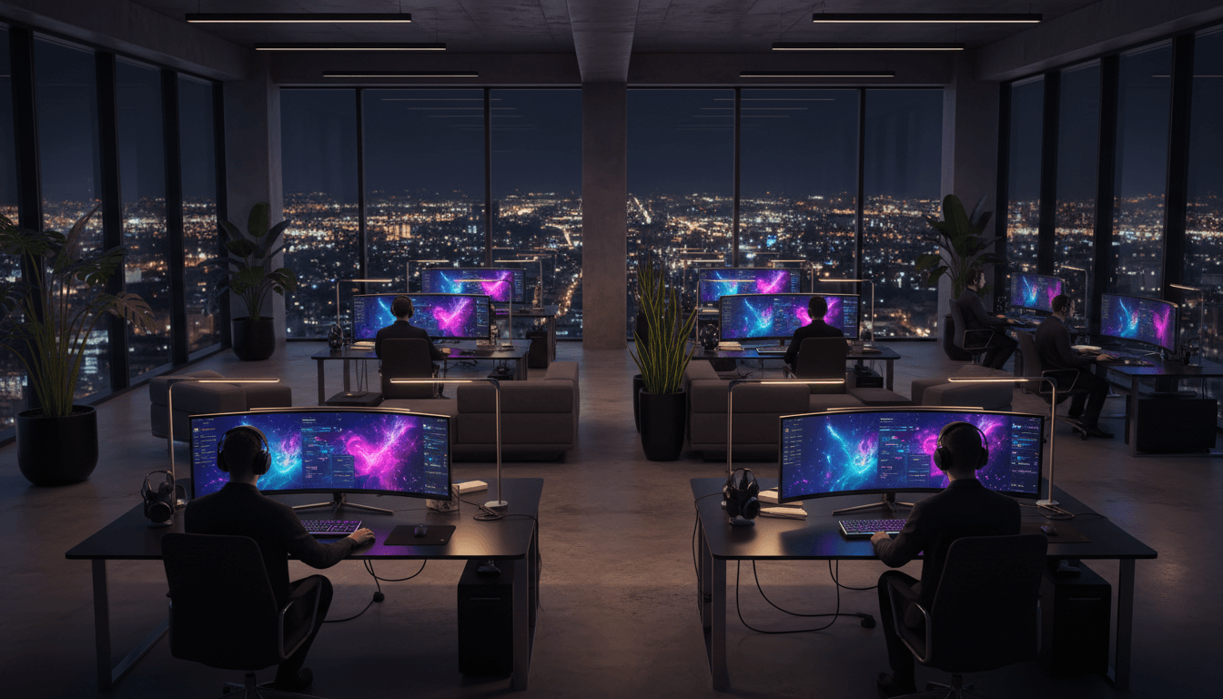 Web developers work at standing desks with cosmic-themed monitor displays in modern nighttime office overlooking city skyline