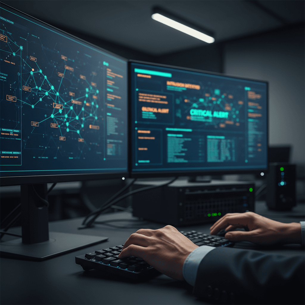 Cybersecurity professional monitoring security dashboards and threat detection systems