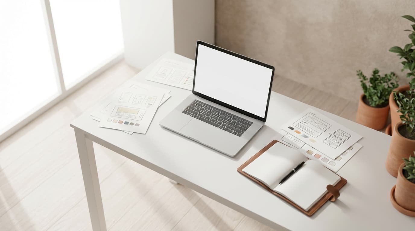 Modern workspace with laptop showing website design, sketches, and creative materials