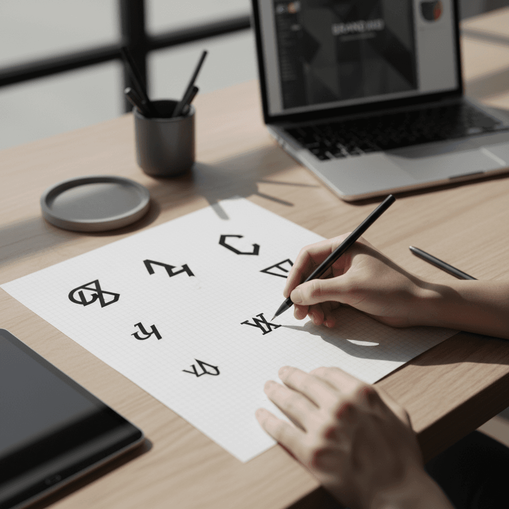 Designer sketching and refining logo concepts with color palettes and digital mockups