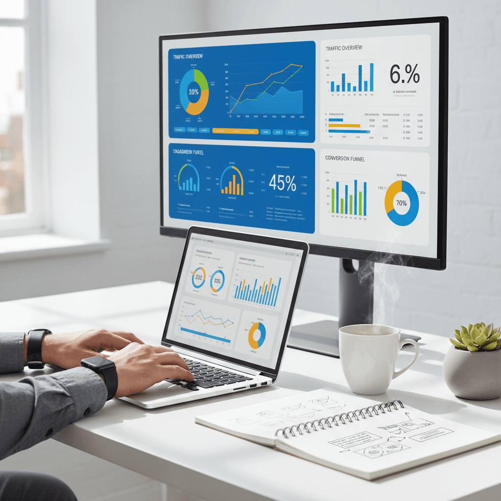 Digital marketing professional reviewing campaign analytics on computer monitor