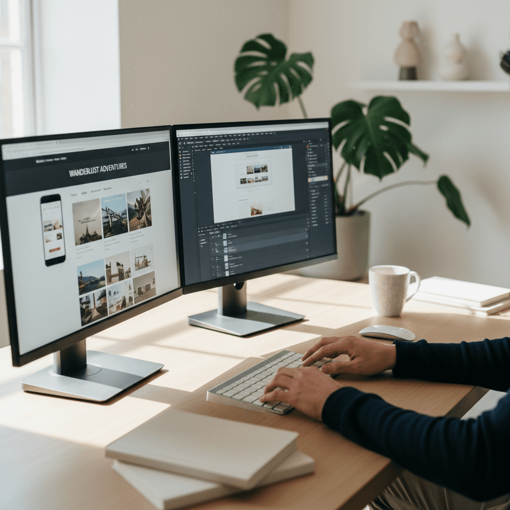 Web designer working on a responsive website design on computer monitor